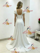 White Square Neck Pleats Beading Wedding Dress