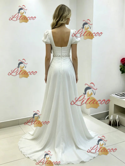 White Square Neck Pleats Beading Wedding Dress