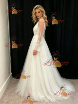 White Tulle Long Sleeve Pleats Wedding Dress