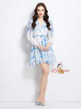 Deep V-neck Ribbon Printed Ruffled Dress