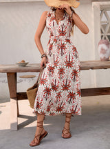 High Waist Printed Sleeveless V-neck Dress