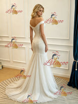 White Mermaid Tulle Off the Shoulder Split Wedding Dress