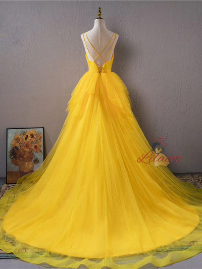 Yellow Tulle Spaghetti Straps Pleats Prom Dress