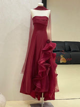 Burgundy Tulle Strapless Prom Dress