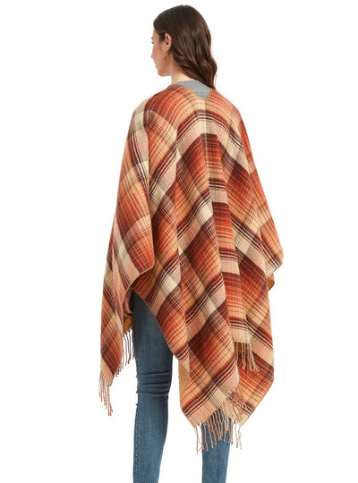 Checked Tassel Split Shawl