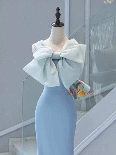 Blue Mermaid Straps Bow Prom Dress