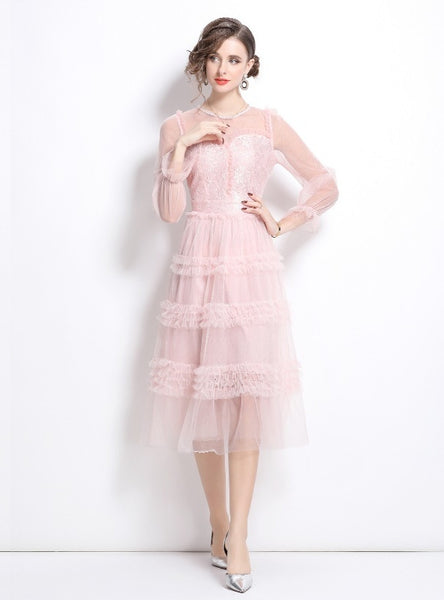 Mesh Stitching Long Sleeve Dress