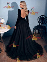 Black Tulle Long Sleeve Backless Prom Dress