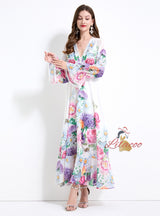 Deep V-neck Lace Stitching Slim Lotus Dress