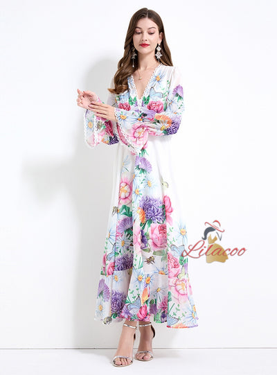 Deep V-neck Lace Stitching Slim Lotus Dress