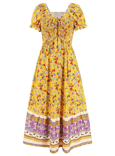 V-neck Puff Sleeves Drawstring Dress