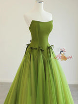 Green Tulle Strapless Bow Prom Dress