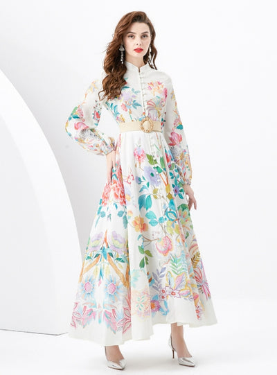 Printed Slim Long Bubble Sleeve Dress