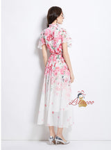 Pearl-breasted Slim Printed Chiffon Dress