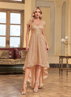 Gold V-neck Sequins Cap Sleeve Prom Dress