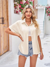 Solid Color Satin Lapel Button Short Sleeve Shirt