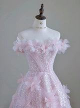 Pink Tulle Sequins 3D Flower Prom Dress