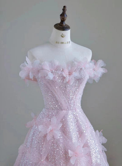 Pink Tulle Sequins 3D Flower Prom Dress