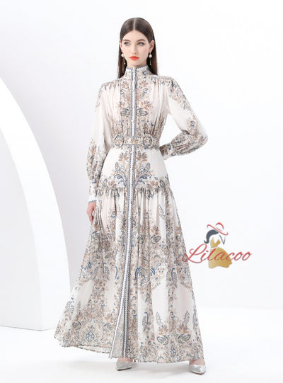 Palace Lantern Sleeve Button Print Dress