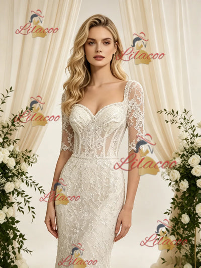 Ivory Mermaid Lace Short Sleeve Wedding Dress