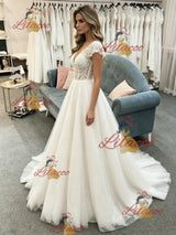 White Tulle V-neck Lace Cap Sleeve Wedding Dress