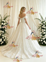 Beige White Tulle Lace Appliques Wedding Dress