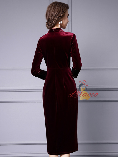Burgundy Velvet Long Sleeve Mother Of The Bride Dress