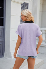 V-neck Contrast Short Sleeve Loose T-shirt