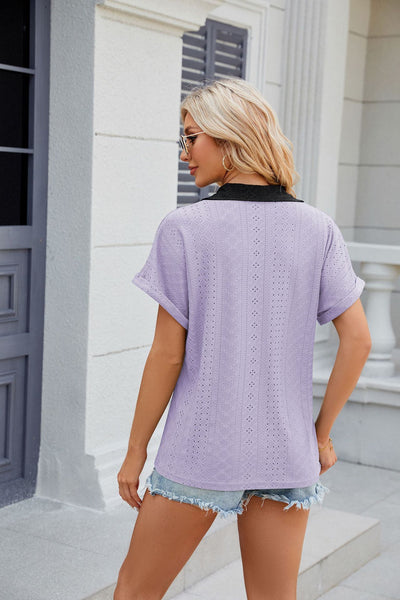 V-neck Contrast Short Sleeve Loose T-shirt