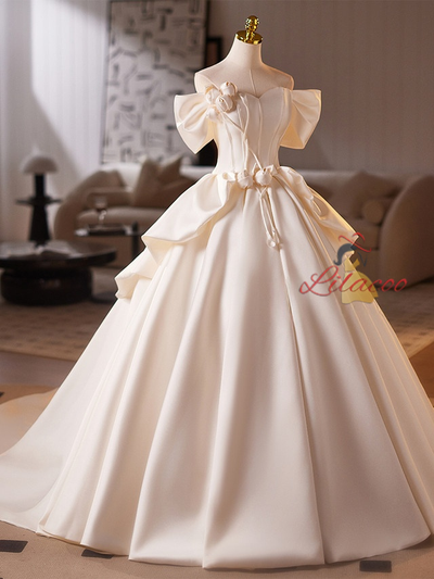 Ivory Satin Off the Shoulder 3D Flower Wedding Dress