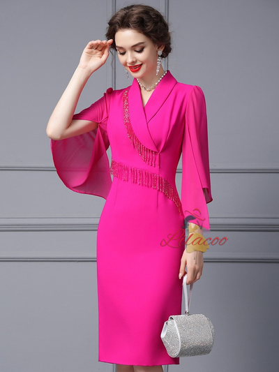 Fuchsia V-neck Beading Mother Of The Bride Dress