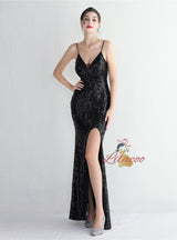 Spaghetti Straps Mermaid Sequins Split Prom Dress