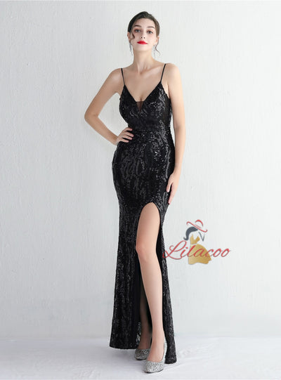 Spaghetti Straps Mermaid Sequins Split Prom Dress