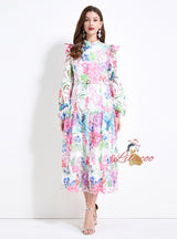 Printed Bubble Sleeve Long Dress