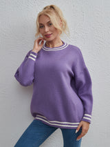 Solid Color Round Neck Striped Top Sweater