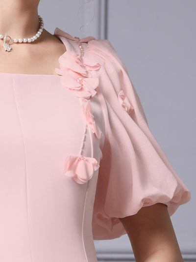 Puff Sleeve Flower Beading Mother Of The Bride Dress
