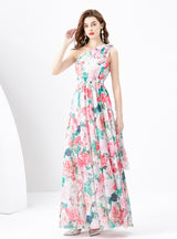One-shoulder Chiffon Long Printed Dress