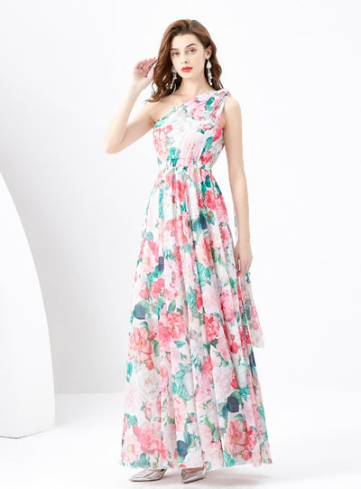 One-shoulder Chiffon Long Printed Dress