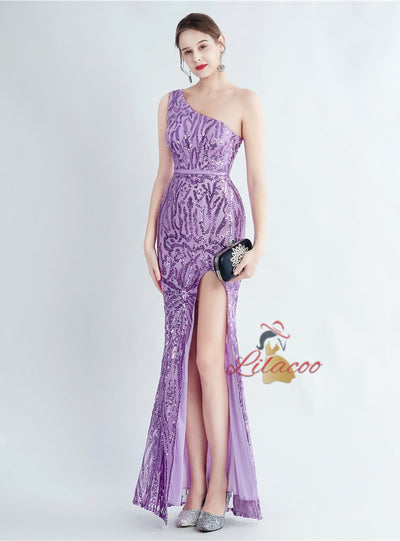 Mermaid One Shoulder Sequins Split Prom Dress