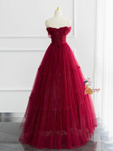 Burgundy Tulle Pleats Off the Shoulder Prom Dress