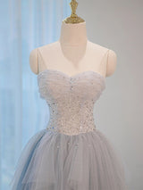 Blue Tulle Sequins Pleats Prom Dress