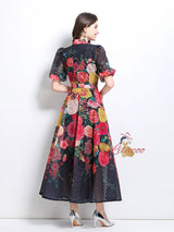 Bubble Short Sleeve Stitching Printed Medium-long Dress