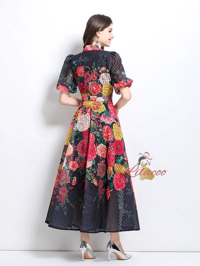 Bubble Short Sleeve Stitching Printed Medium-long Dress