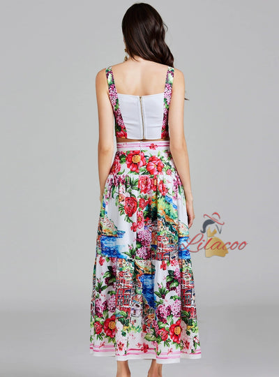 Oil Painting Printed Top Skirt Two-piece Suit