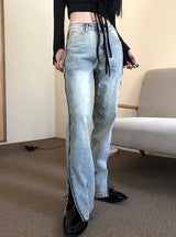 Fork Metal Zipper Splicing High Waist Jeans