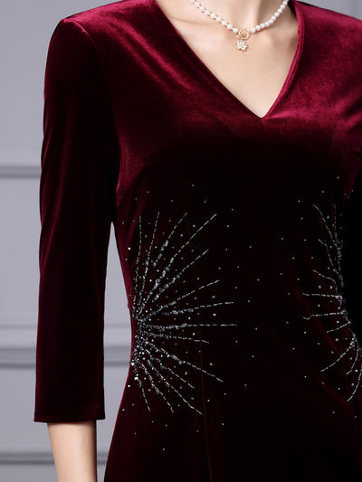 Burgundy Velvet Short Sleeve Mother Of The Bride Dress