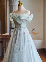 Green Tulle Sequins Off the Shoulder Flower Prom Dress