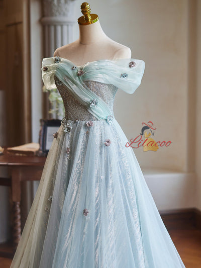 Green Tulle Sequins Off the Shoulder Flower Prom Dress