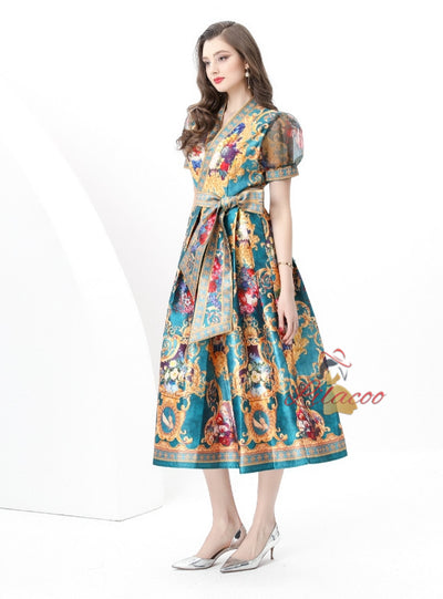 Palace V-neck Mesh Bubble Sleeve Printed Dress