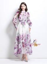 Fashion Printed Silm Waist Lantern Sleeve Dress